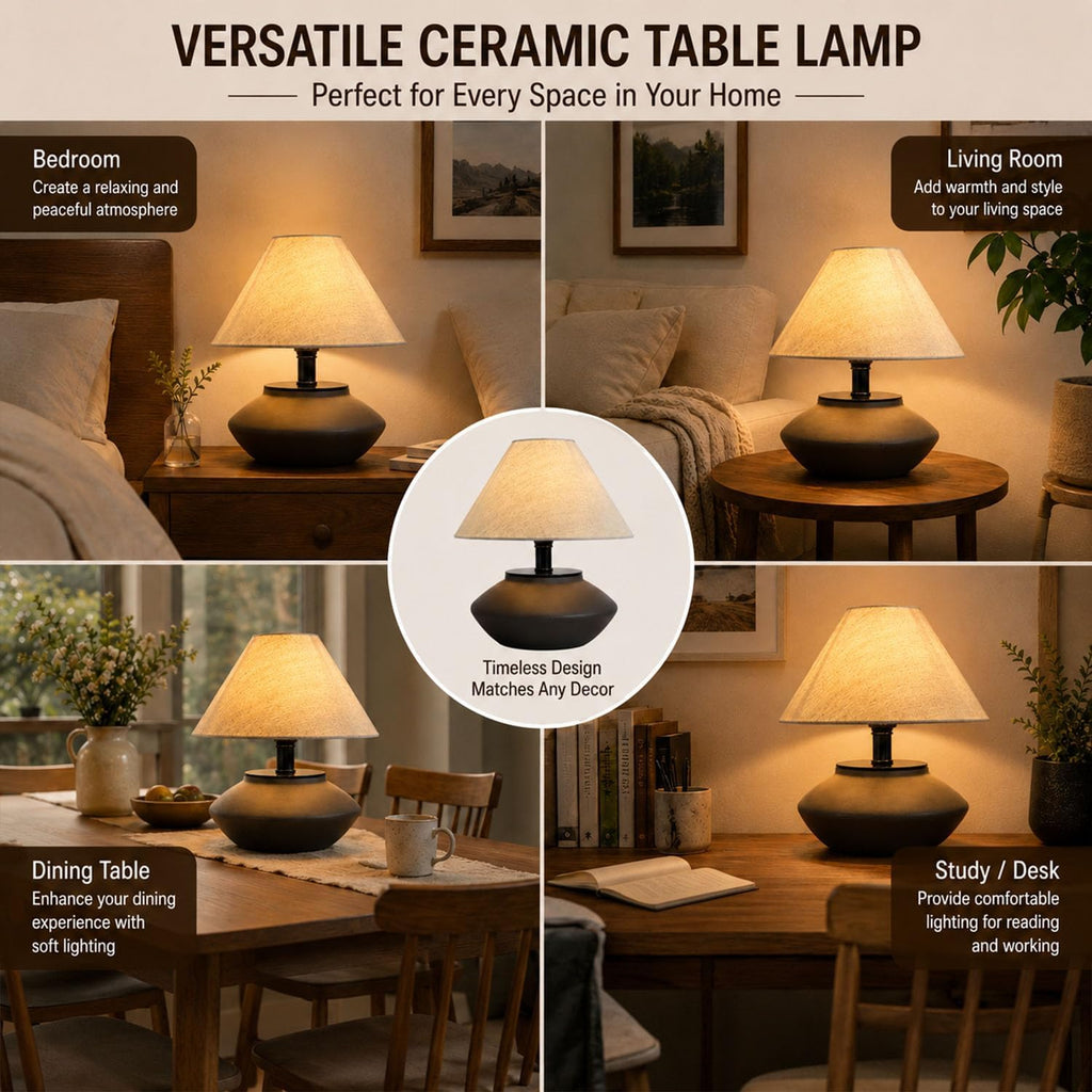 Farmhouse ceramic table lamp linen shade detail