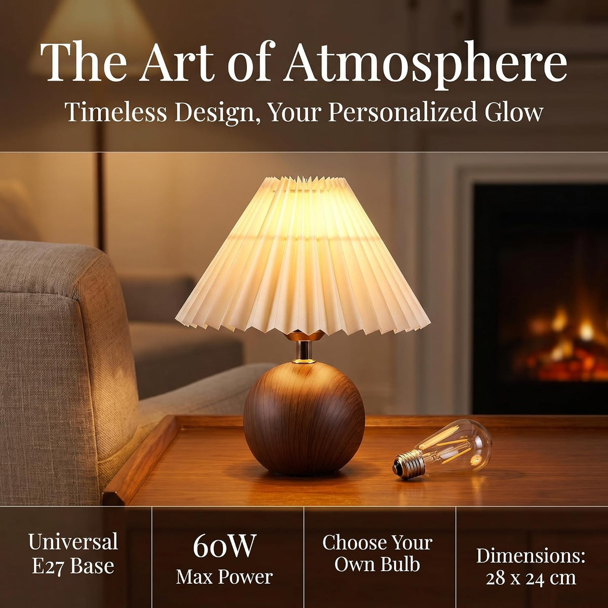 Ceramic globe table lamp lit in a room