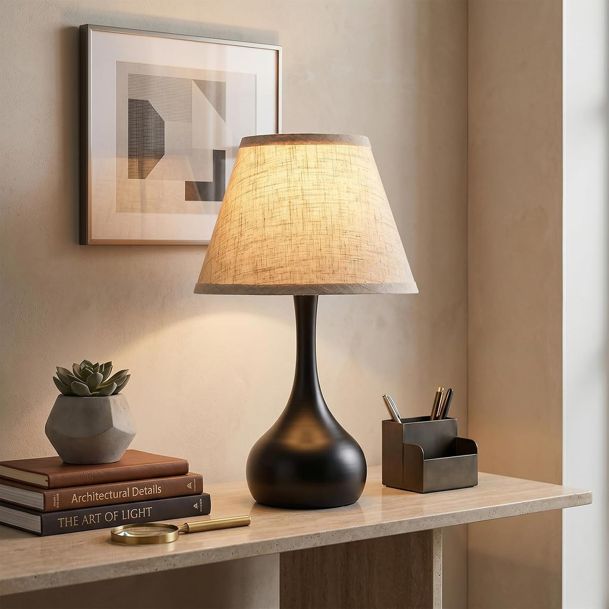 Touch bedside lamp lit in bedroom